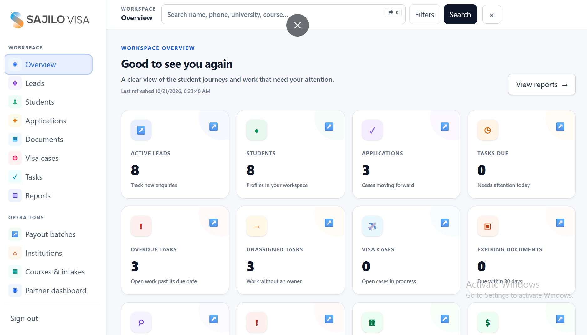 Sajilo Visa workspace overview with navigation for leads, students, applications, documents, visa cases, and tasks