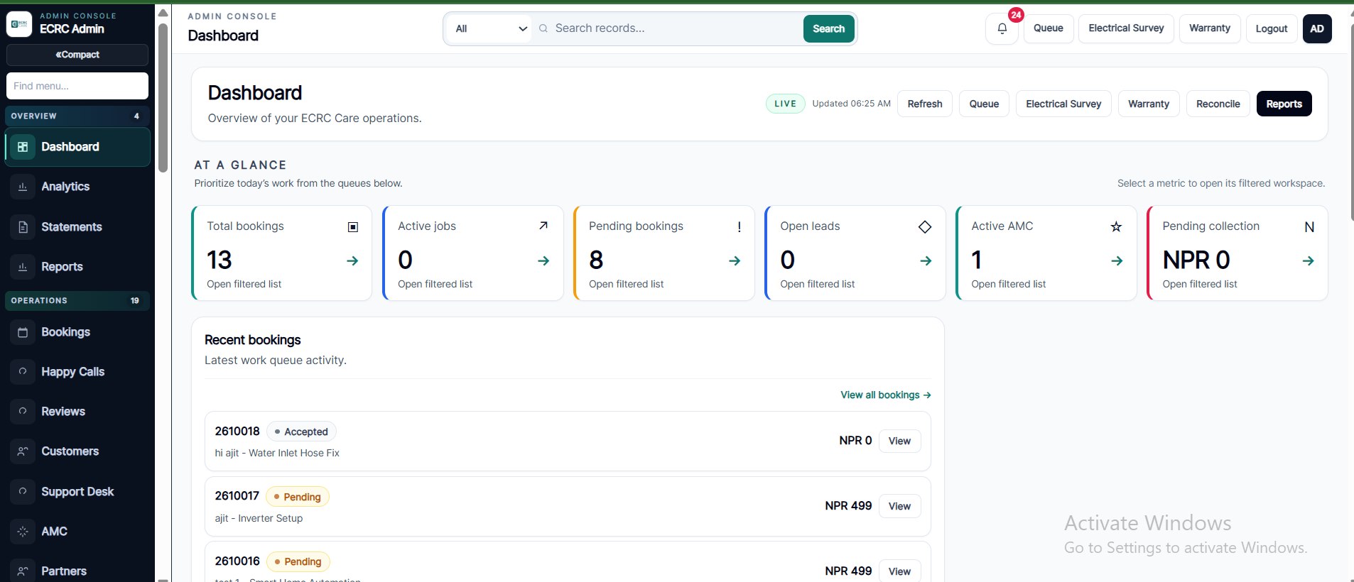 ECRC Care operations dashboard showing booking metrics, jobs, leads, pending bookings, and service queues